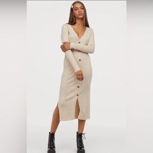 H&M Beige/Cream Rib-Knit Button-Down Maxi Dress